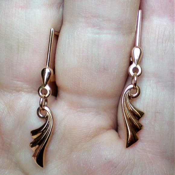 Vintage Russian Soviet USSR Solid 14K 583 Rose Pink Gold Dangle Drop EARRINGS - Picture 5 of 5